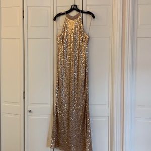Badgley Mischka Rose Gold Sequin Halter Evening Gown